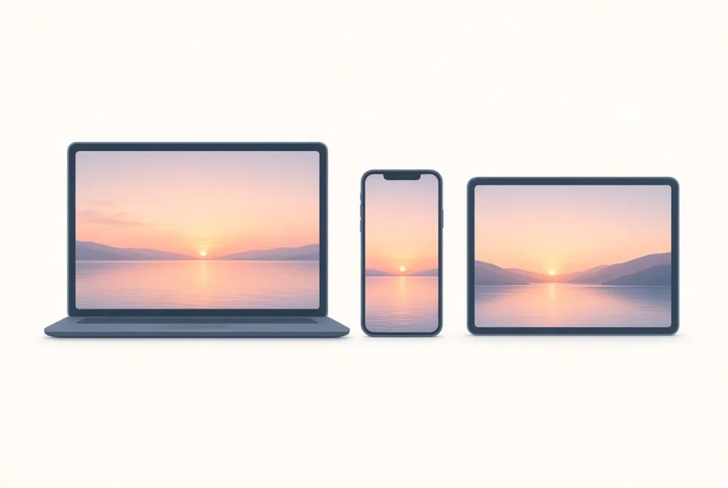 Laptop, phone and tablet each showing the same sunset photo