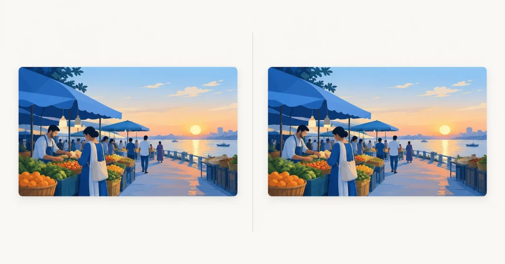 WebP vs JPEG comparison of the same market photo saved in both formats