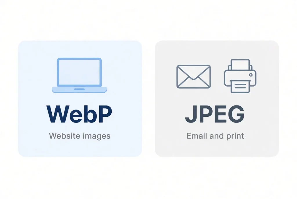 Diagram showing WebP for website images and JPEG for email and print